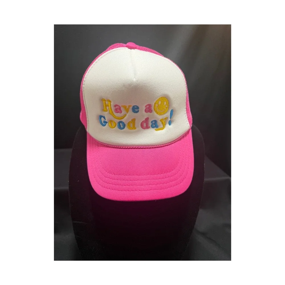 Madley Trucker Hat Snapback Cap Pink White Palm Beach Have a Good Day NWT